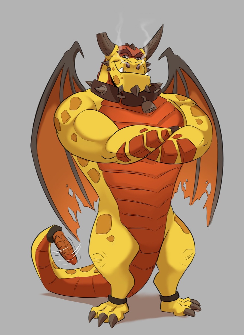 activision anthro boris_(spyro) broken_horn collar dragon dragon_tail european_mythology hi_res horn looking_at_viewer male muscular muscular_anthro muscular_male mythological_creature mythological_scalie mythology nose_steam polartoons rescued_dragons_(spyro) scales scalie solo spyro_reignited_trilogy spyro_the_dragon tail teeth western_dragon wings yellow_body