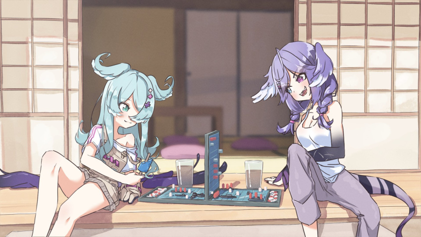 2girls adapted_costume bad_id bad_twitter_id battleship_(game) blue_eyes board_game braid cup dragon_tail elira_pendora elira_pendora_(1st_costume) english_commentary grey_overalls hair_ornament hairclip head_tilt head_wings heterochromia highres inactive_account kiirokuma long_hair looking_down medium_hair multiple_girls nijisanji nijisanji_en off_shoulder open_mouth overall_shorts overalls pants pillow purple_eyes purple_hair purple_pants selen_tatsuki shirt siblings sisters smile tail tank_top twin_braids virtual_youtuber white_shirt white_tank_top wings