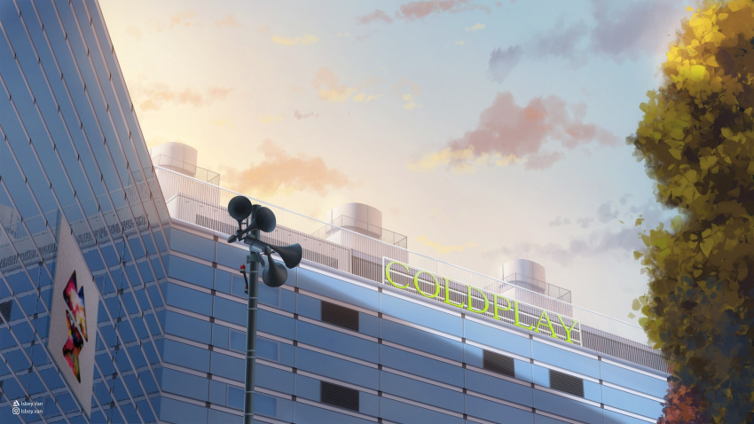 artist_name blue_sky building cityscape cloud english_commentary fence gradient_sky highres horn_speaker instagram_username isbeyvan japan no_humans orange_sky original outdoors reflection scenery sky sunset tree water_tank watermark