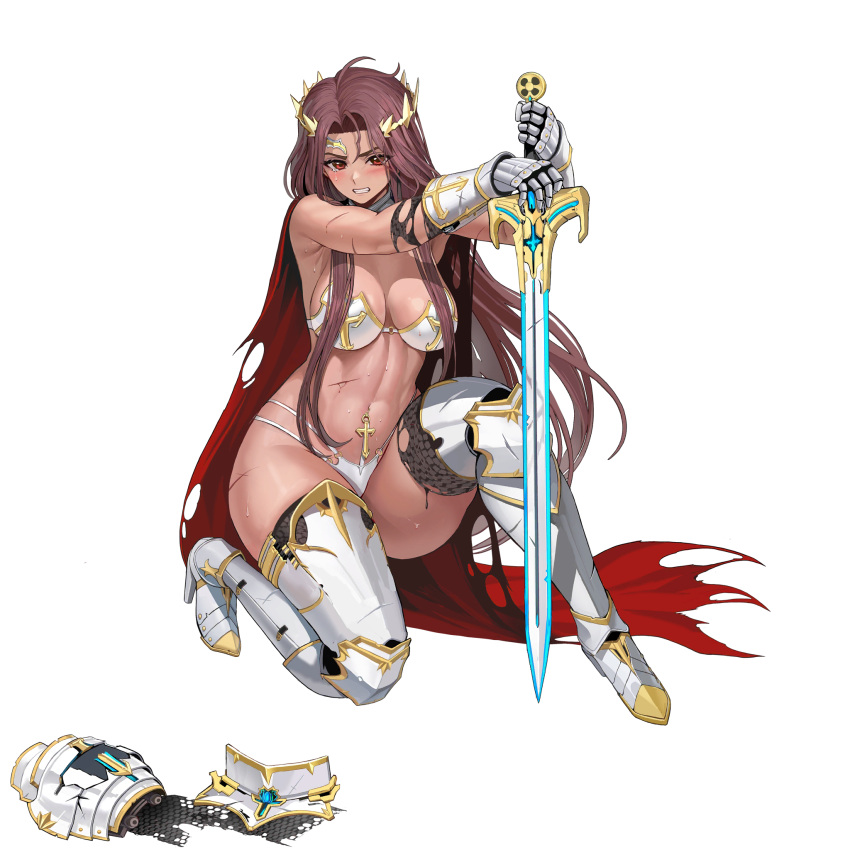 adhesive_bra ahoge armor armored_boots armpit_crease bikini_armor blush boots bra breasts broken broken_armor broken_crown broken_sword broken_weapon cape circlet clenched_teeth convenient_censoring cross cross_piercing cuisses dark-skinned_female dark_skin defeat ear_piercing female full_body game_cg gauntlets gold_trim gorget greaves highres holding holding_sword holding_weapon injury knight large_breasts last_origin linea_alba lips long_hair looking_at_viewer machinery naked_armor navel navel_piercing o-ring o-ring_bottom o-ring_top official_alternate_costume official_art on_one_knee pauldron_removed pauldrons piercing poleyn prester_johanna red_cape red_eyes red_hair revealing_clothes sabaton scratches shoulder_armor single_pauldron single_tear skindentation solo stomach strapless strapless_bra sweat sword taesi teeth thick_eyebrows thick_thighs thighs third-party_source thong torn_cape torn_clothes transparent_background underwear vambraces very_long_hair weapon white_armor white_bra