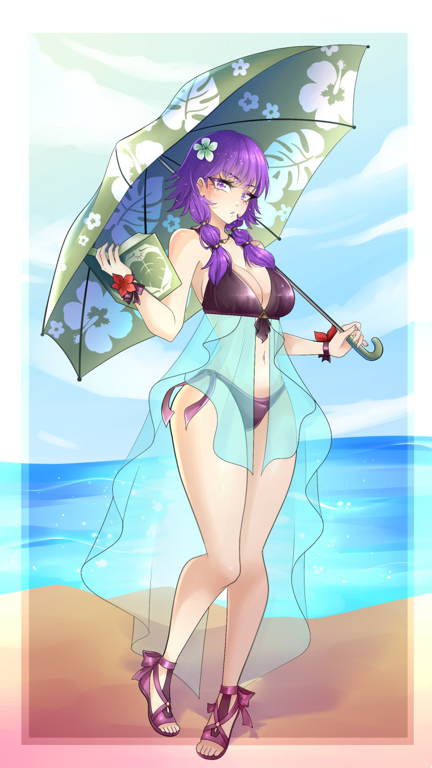 absurdres beach bikini black_bikini book breasts cleavage commentary commission english_commentary female fire_emblem fire_emblem:_the_sacred_stones fire_emblem_heroes flower frilled_bikini frills green_umbrella hair_flower hair_ornament highres holding holding_book holding_umbrella kyhsoren looking_at_viewer lute_(fire_emblem) lute_(summer)_(fire_emblem) medium_breasts ocean official_alternate_costume purple_eyes purple_hair sand sandals sky swimsuit umbrella