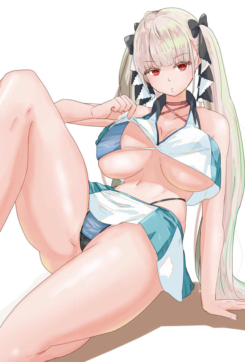 alternate_costume azur_lane bad_id bad_pixiv_id bare_legs blonde_hair blue_panties breasts bremerton_(azur_lane) bremerton_(azur_lane)_(cosplay) bremerton_(scorching-hot_training)_(azur_lane) cosplay female formidable_(azur_lane) hair_ornament hair_ribbon hand_on_breast hand_on_lap highres large_breasts long_hair looking_at_viewer navel panties pantyshot red_eyes ribbon serious shirt sitting skirt solo sportswear tennis_uniform thighs thiosuke underwear very_long_hair white_background