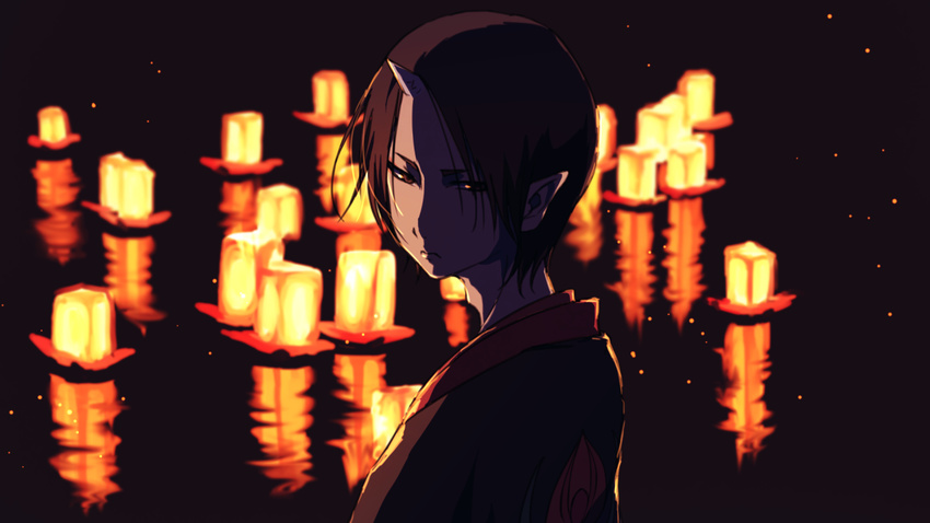 all_male black_eyes black_hair hoozuki hoozuki_no_reitetsu horns japanese_clothes male night pointed_ears reflection short_hair twinmix water