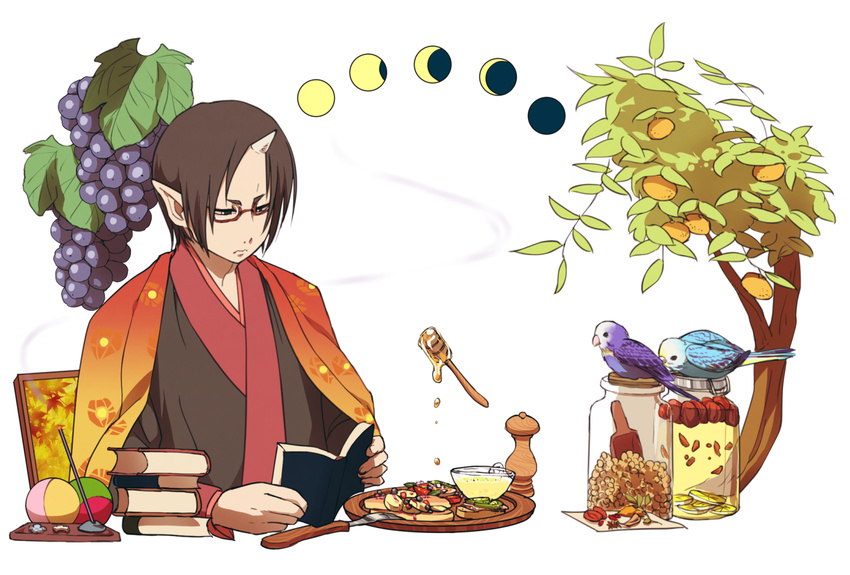 all_male animal ball bird black_hair book demon drink food fruit glasses honey hoozuki hoozuki_no_reitetsu horns leaves male moon orange_(fruit) pointed_ears short_hair tree twinmix