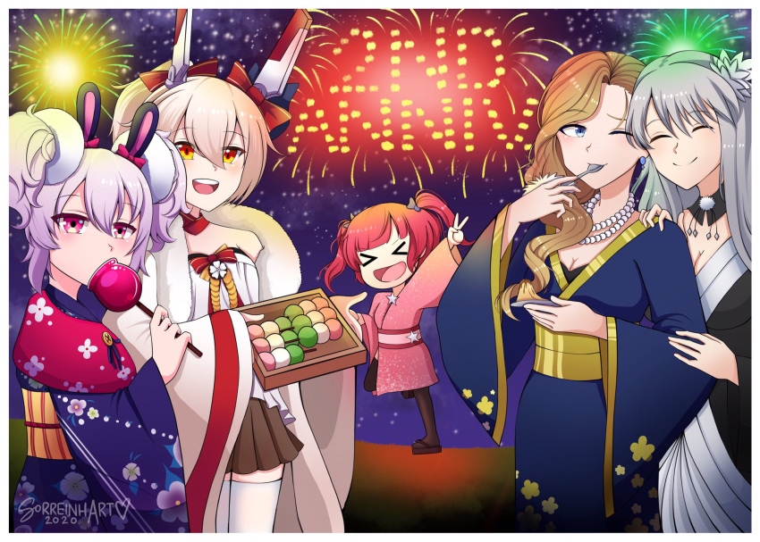 >_< 5girls :d animal_ears arm_up ayanami_(azur_lane) ayanami_(pulse_of_the_new_year)_(azur_lane) azur_lane bangs black_skirt blue_eyes bow breasts brown_hair cleavage commentary dango detached_collar double_bun eating english_commentary enterprise_(azur_lane) eyebrows_visible_through_hair fake_animal_ears fireworks food fur_scarf gundam hair_between_eyes hair_ornament hair_ribbon hairbow headgear highres holding holding_plate holding_skewer holding_spoon hood_(azur_lane) japanese_clothes jewelry kimono laffey_(azur_lane) laffey_(snow_rabbit_and_candy_apple)_(azur_lane) long_hair long_sleeves looking_at_viewer multiple_girls necklace new_year night night_sky obi official_alternate_costume orange_eyes pearl_necklace plate pleated_skirt ponytail pudding rabbit_ears red_eyes red_hair red_kimono retrofit_(azur_lane) ribbon san_diego_(azur_lane) sash senkou_hanabi sidelocks silver_hair skewer skirt sky smile sorreinhart sparkler spoon standing standing_on_one_leg twintails utensil_in_mouth v wagashi watermark white_hair white_legwear wide_sleeves xd yukata zeta_gundam