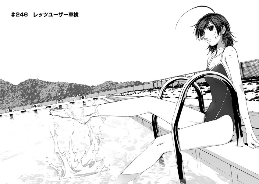 ahoge barefoot breasts chapter_number cleavage expressionless female from_side greyscale kanojo_no_carrera kikuchi_michitaka looking_at_viewer misaki_aika monochrome mountainous_horizon official_art one-piece_swimsuit pool short_hair small_breasts solo swimsuit