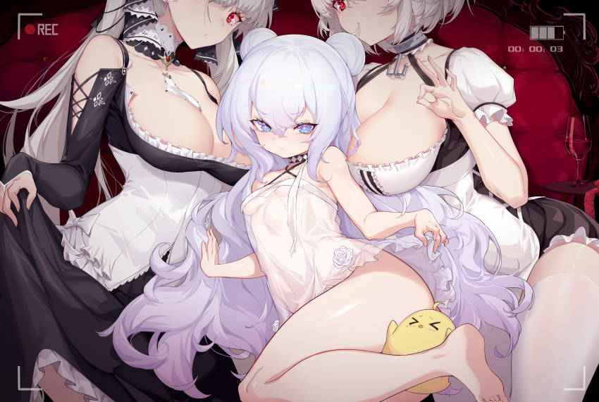 >_< 3girls absurdres anchor_choker azur_lane bare_shoulders barefoot breasts chinese_commentary cleavage clothes_lift commentary_request double_bun dress dress_lift formidable_(azur_lane) grey_hair hair_between_eyes hair_bun highres large_breasts le_malin_(azur_lane) le_malin_(sleepy_sunday)_(azur_lane) lifting_own_clothes long_hair looking_at_viewer manjuu_(azur_lane) multiple_girls purple_eyes purple_hair recording red_eyes see-through shanyao_jiang_tororo short_hair sirius_(azur_lane) small_breasts twintails very_long_hair