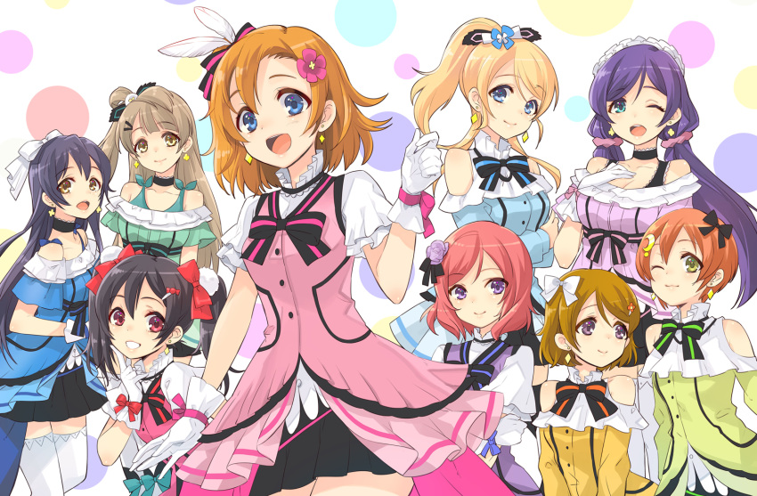 6+girls :d ;3 ;d aqua_eyes ayase_eli black_hair blonde_hair blue_eyes bow bowtie brown_eyes brown_hair choker earrings flower frilled_choker frills gloves hair_flower hair_ornament hair_ribbon hairbow hairclip high_ponytail highres hoshizora_rin ito_noizi jewelry kira-kira_sensation! koizumi_hanayo kosaka_honoka light_brown_hair long_hair love_live! love_live!_school_idol_project low_twintails minami_kotori multiple_girls nishikino_maki one_eye_closed one_side_up open_mouth orange_hair polka_dot polka_dot_background purple_eyes purple_hair red_eyes red_hair ribbon smile sonoda_umi tojo_nozomi twintails white_gloves yazawa_nico