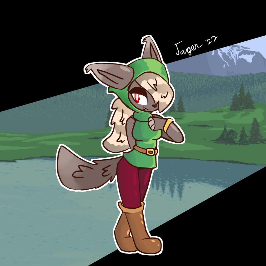 1:1 anthro blonde_hair boots bracelet breasts canid canine clothed clothing female footwear fox fur grey_body grey_fur hair hat headgear headwear hi_res jagergm jewelry mammal red_eyes shimmered_zoologist_(terraria) solo tail terraria were werecanid werecanine werefox zoologist_(terraria)