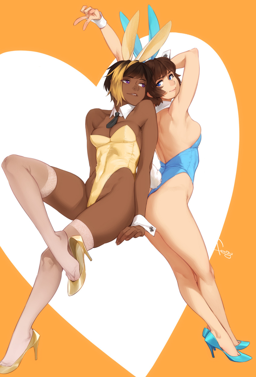 2girls animal_ears artist_name black_hair blonde_hair blue_eyes blue_footwear blue_leotard breasts brown_hair closed_mouth commentary dark-skinned_female dark_skin detached_collar fake_animal_ears fake_tail feguimel full_body high_heels highleg highleg_leotard highres jamee_(feguimel) leotard medium_breasts multicolored_hair multiple_girls original playboy_bunny purple_eyes rabbit_ears rabbit_tail shoe_dangle shoes smile tail thighhighs toe_cleavage two-tone_background two-tone_hair uma_(feguimel) v white_thighhighs wrist_cuffs yellow_footwear yellow_leotard