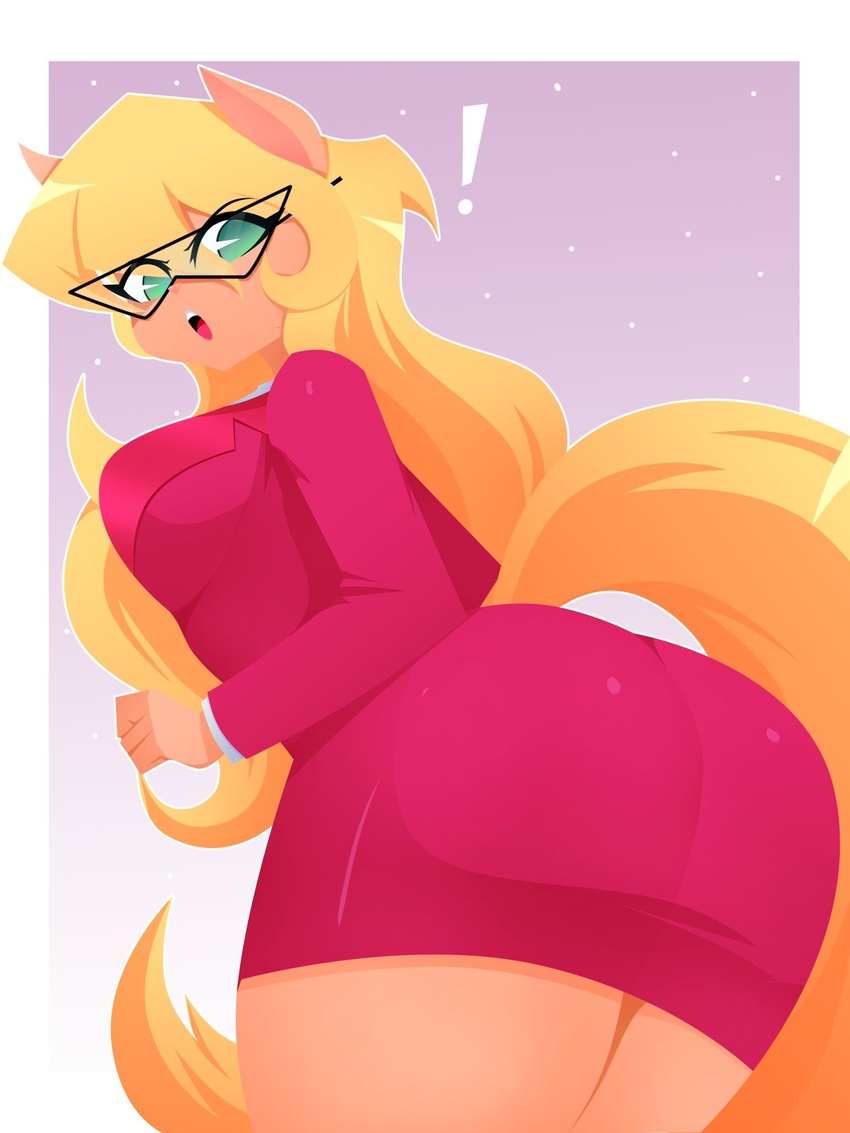 3:4 angry anthro ass big_butt blonde_hair businesswear callie_briggs clothing coat colored domestic_cat exclamation_point eyewear felid feline felis female glasses green_eyes hair hanna-barbera hi_res lineless long_hair looking_at_viewer looking_back low-angle_view mammal portrait rear_view shaded solo surprise swat_kats tail thick_thighs three-quarter_portrait topwear wide_hips xan-gelx yellow_tail