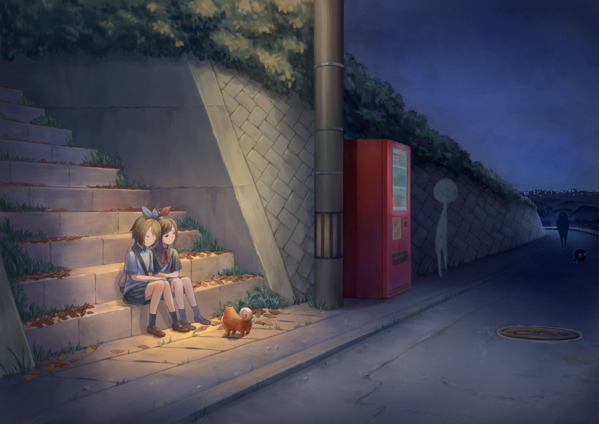 2girls absurdres animal ashitana autumn_leaves bag blue_ribbon brown_hair canine closed_eyes collared_shirt commentary_request creature full_body hair_ribbon haru_(yomawari) highres holding_hands horizon lamppost loafers manhole_cover multiple_girls neck_ribbon night outdoors red_ribbon ribbon road shin_yomawari shirt shoes short_hair short_sleeves shoulder_bag sitting skirt sky socks spirit stairs street tearing_up utility_pole vending_machine yomawari_(series) yui_(yomawari)