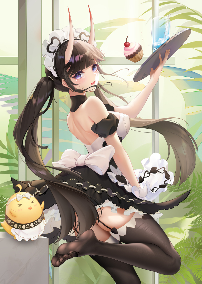 apron ass azur_lane back back_bow backless_dress backless_outfit bare_shoulders black_dress black_hair blunt_bangs bow breasts brown_hair brown_thighhighs cup cupcake dress feet female food frilled_apron frills garter_straps highres holding holding_tray horns indoors large_breasts liu_liaoliao long_hair looking_at_viewer maid maid_headdress manjuu_(azur_lane) no_shoes noshiro_(azur_lane) noshiro_(hold_the_ice)_(azur_lane) official_alternate_costume open_mouth purple_eyes skin-covered_horns soles solo standing standing_on_one_leg thighhighs toes tray twintails very_long_hair white_bow