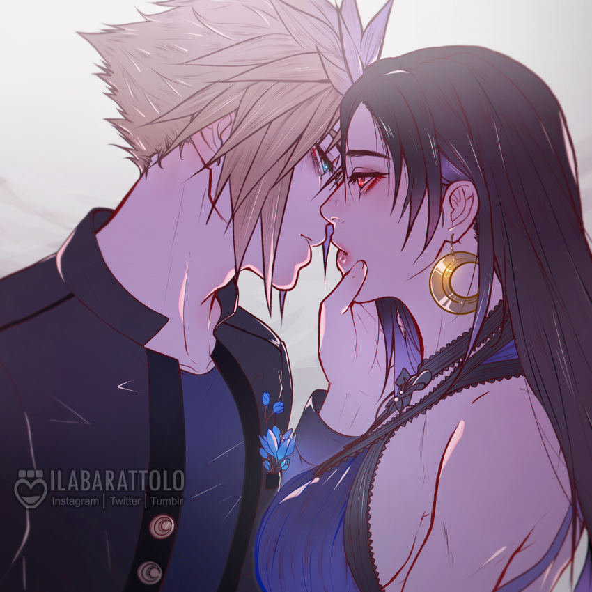 1boy artist_name bare_shoulders black_hair black_jacket blonde_hair blue_dress blue_eyes blue_flower blue_shirt breasts buttons casual cloud_strife collarbone couple crescent crescent_earrings dress earrings english_commentary eyeliner eyeshadow female final_fantasy final_fantasy_vii final_fantasy_vii_remake flower from_side gold_earrings hair_behind_ear hand_on_another's_face highres ilabarattolo imminent_kiss jacket jewelry large_breasts lips long_hair long_sleeves looking_at_another makeup nose official_alternate_costume red_eyes shirt sideboob single_earring sleeveless sleeveless_dress spiked_hair straight tifa_lockhart tifa_lockhart_(refined_dress) toned upper_body watermark