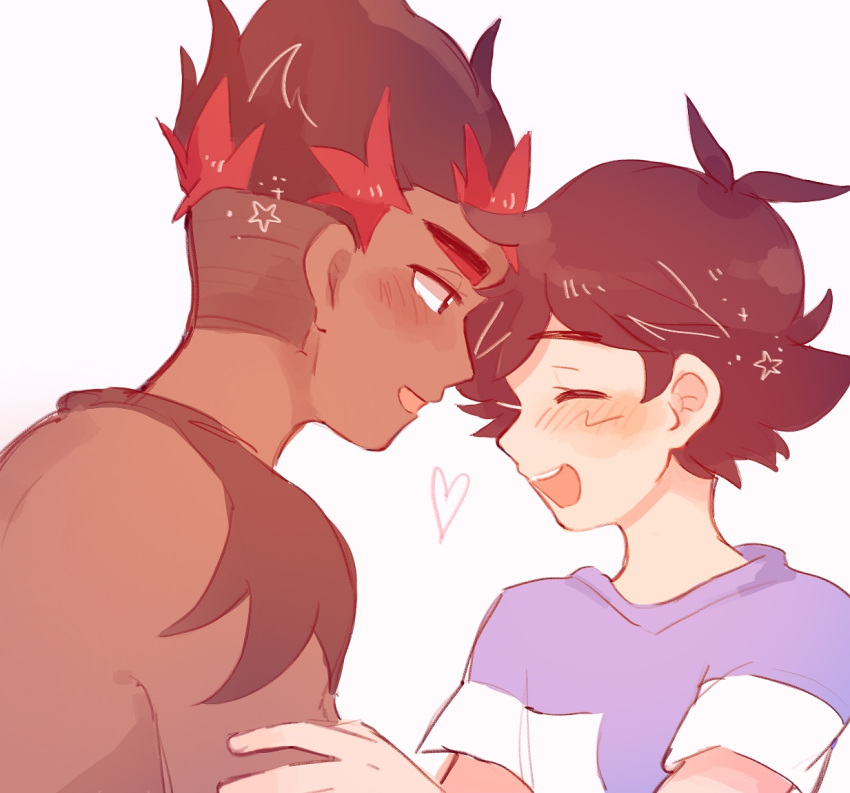 2boys :d antenna_hair bad_id bad_pixiv_id brown_hair catsubun_(kkst0904) closed_eyes commentary dark-skinned_male dark_skin eyelashes heart interracial kiawe_(pokemon) looking_at_another male_focus multiple_boys open_mouth pokemon pokemon_(anime) pokemon_sm_(anime) purple_shirt satoshi_(pokemon) shirt short_hair short_sleeves smile star_(symbol) t-shirt teeth topless_male undercut upper_body upper_teeth_only yaoi