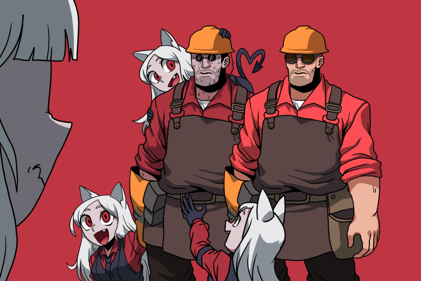 2boys 4girls animal_ears black_giraffe cerberus_(helltaker) cosplay crossover demon_girl demon_tail dog_ears facial_hair gloves goggles hardhat heart heart_tail helltaker helmet highres lucifer_(helltaker) multiple_boys multiple_girls oerba_yun_fang pince-nez red_background red_shirt shirt single_glove smelling smile stubble sweat sweating_profusely tail team_fortress_2 the_engineer the_engineer_(cosplay) triplets