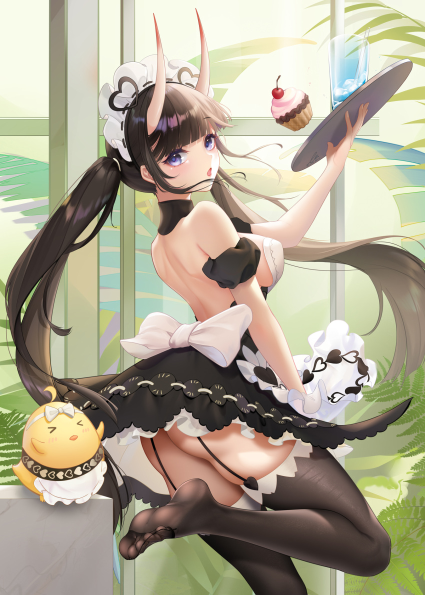 apron ass azur_lane back back_bow backless_dress backless_outfit bare_shoulders black_dress black_hair blunt_bangs bow breasts brown_hair brown_thighhighs cup cupcake dress feet female food frilled_apron frills garter_straps highres holding holding_tray horns indoors large_breasts liu_liaoliao long_hair looking_at_viewer maid maid_headdress manjuu_(azur_lane) no_shoes noshiro_(azur_lane) noshiro_(hold_the_ice)_(azur_lane) official_alternate_costume parted_lips purple_eyes skin-covered_horns soles solo standing standing_on_one_leg thighhighs toes tray twintails very_long_hair white_bow