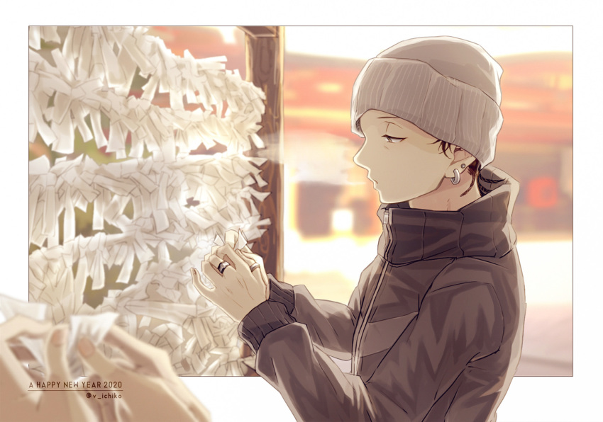 1boy ahiru_no_sora black_jacket dated earrings grey_headwear happy_new_year jacket jewelry male_focus natsume_kenji new_year outdoors profile ring skullcap solo_focus thumb_ring twitter_username upper_body uwoyuz