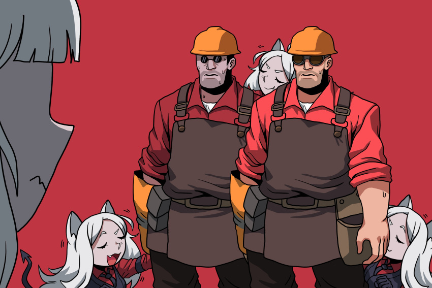 2boys 4girls animal_ears black_giraffe cerberus_(helltaker) cosplay crossover demon_girl demon_tail dog_ears facial_hair gloves goggles hardhat helltaker helmet highres lucifer_(helltaker) multiple_boys multiple_girls oerba_yun_fang pince-nez red_background red_shirt shirt single_glove smelling stubble tail team_fortress_2 the_engineer the_engineer_(cosplay) triplets