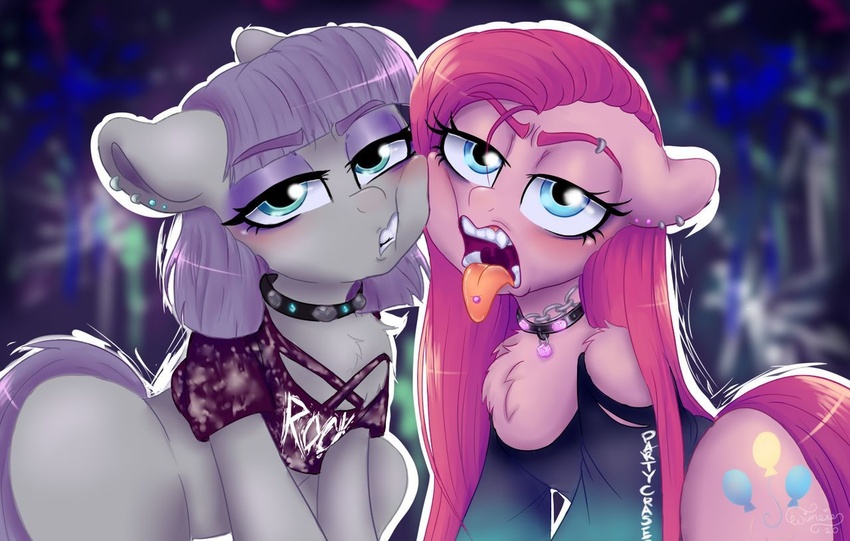 2020 blush bottomless chains chest_tuft clothed clothing collar cutie_mark digital_media_(artwork) duo ear_piercing ear_ring earth_pony equid equine eyebrow_piercing eyebrow_through_hair eyebrows eyelashes eyeshadow facial_piercing female feral friendship_is_magic fur grey_body grey_fur hair half-closed_eyes hasbro horse jewelry looking_at_viewer makeup mammal maud_pie_(mlp) my_little_pony narrowed_eyes necklace piercing pink_body pink_fur pink_hair pinkamena_(mlp) pinkie_pie_(mlp) pony purple_eyeshadow purple_hair ring_piercing sibling_(lore) sister_(lore) sisters_(lore) teeth tongue tongue_out tongue_piercing topwear translucent translucent_hair tuft wimsie