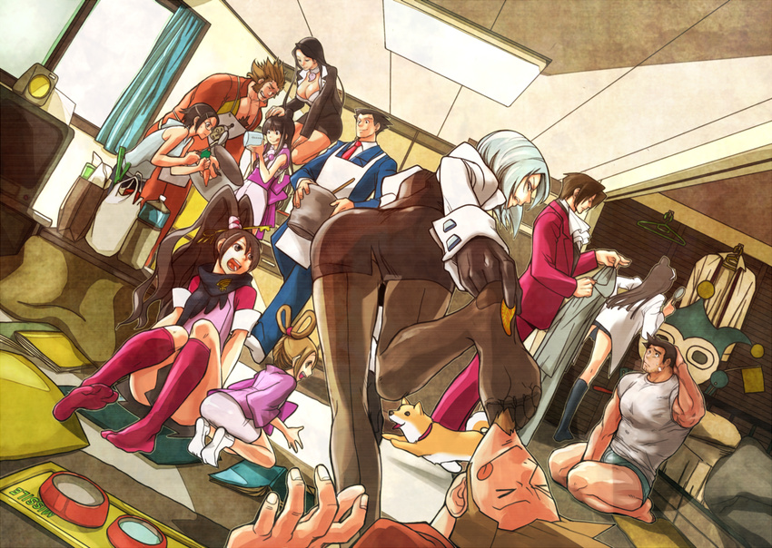 >_< 5boys 6+girls ace_attorney_investigations alternate_costume alternate_eye_color animal apron ascot ass back-seamed_legwear bag bandaid barefoot beads bed bent_over between_legs black_eyes black_gloves black_hair black_legwear blanket blue_badger blue_hair blunt_bangs book bowl breasts brown_hair canine carrot character_name chest_hair cleavage closed_eyes clothes_hanger collar commentary_request cousins curtains dick_gumshoe dutch_angle ema_skye facial_hair fingernails flag floating food foreshortening formal from_behind frown ghost glasses gloves goatee groceries grocery_bag gyakuten_saiban hair_beads hair_between_eyes hair_ornament hair_rings hairclip hand_between_legs hand_on_another's_head hand_on_own_head happy high_ponytail holding hood hoodie indoors japanese_clothes jewelry karuma_mei kay_faraday key kicking kimono kneehighs kneeling kotatsu lab_coat ladle large_breasts larry_butz leaning_forward lolicon long_hair looking_back looking_down magatama maggey_byrde magnifying_glass maya_fey measuring_cup mia_fey miles_edgeworth miniskirt missile_(ace_attorney) mov multiple_boys multiple_girls naruhodou_ryuuichi necklace necktie no_shoes open_mouth outline panties panties_under_pantyhose pants pantyhose parted_bangs pearl_fey pet_bowl phoenix_wright:_ace_attorney pink_legwear pleated_skirt ponytail pot puffy_sleeves sash scarf seamed_legwear seiza shirt shopping_bag short_hair short_kimono short_sleeves siblings sisters sitting skirt sleeveless sleeveless_hoodie sleeveless_shirt sleeves_rolled_up smile socks spiked_hair standing standing_on_one_leg steel_samurai sticker stubble suit sweat swept_bangs tabi table teeth television tongue tongue_out topknot underwear vegetable water wavy_hair white_shirt will_powers