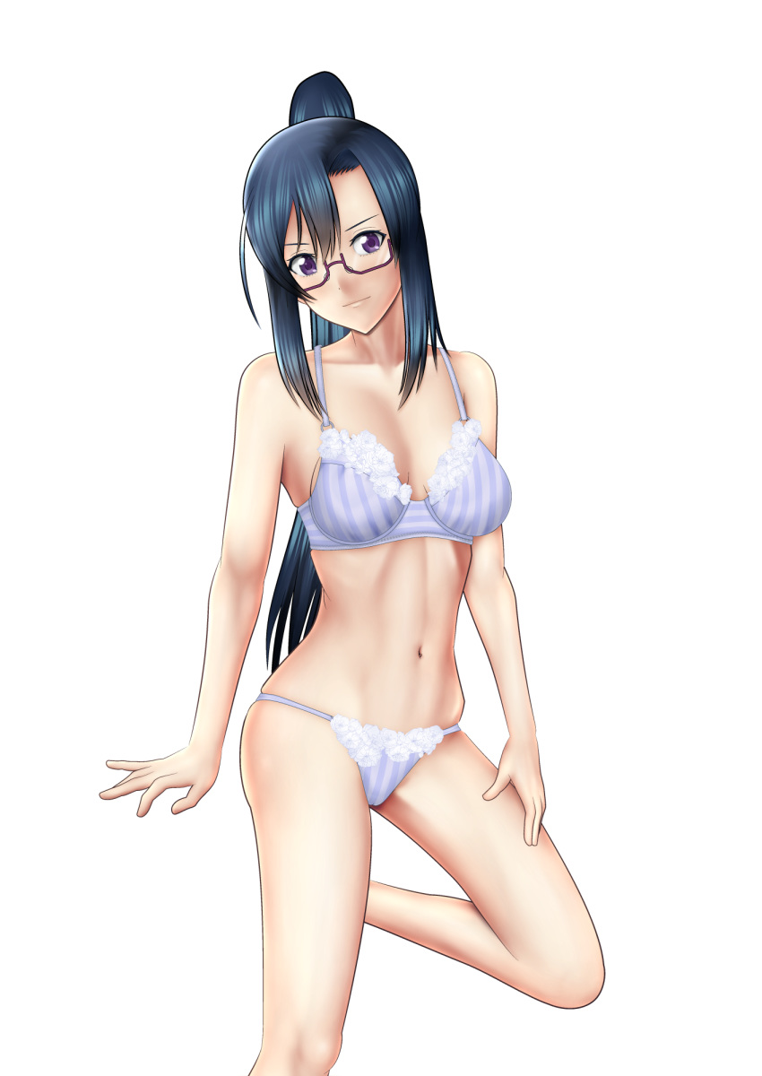 asymmetrical_bangs black-framed_eyewear black_hair bra breasts closed_mouth commentary_request female glasses hand_on_own_thigh hanebado! head_tilt highres izumi_riko lace lace-trimmed_bra lace-trimmed_panties lace_trim leg_up legs light_smile long_hair looking_at_viewer medium_breasts navel panties ponytail purple_eyes semi-rimless_eyewear sidelocks simple_background skindentation solo standing standing_on_one_leg string_panties striped_bra striped_clothes striped_panties under-rim_eyewear underwear underwear_only vertical-striped_bra vertical-striped_clothes vertical-striped_panties white_background y_y_e_cart_mach