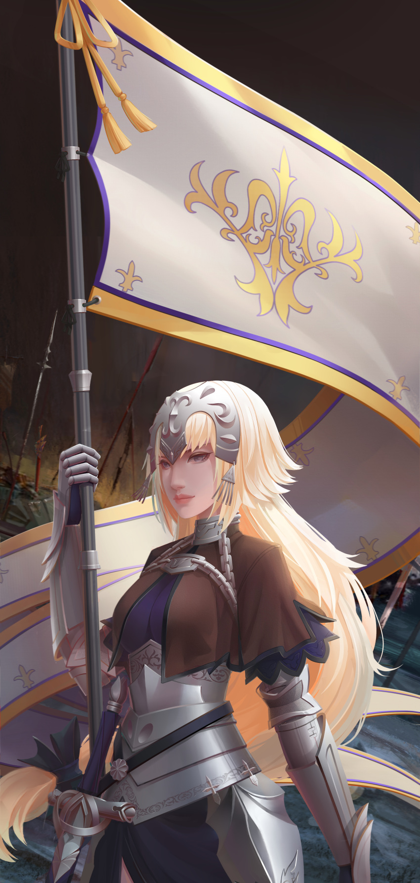 absurdres armor blonde_hair chains cloud cloudy_sky commentary_request fate/grand_order fate_(series) female flag gauntlets grey_eyes headpiece highres jeanne_d'arc_(fate) jeanne_d'arc_(ruler)_(fate) long_hair looking_at_viewer outdoors photoshop_(medium) planted planted_spear planted_sword polearm sheath sheathed sky solo spear standing sword weapon yizhibao