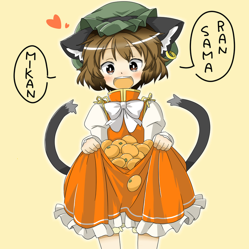 :d animal_ears brown_eyes brown_hair cat_ears cat_tail chen commentary_request dress female food frilled_dress frills fruit heart highres mandarin_orange multiple_tails nekomata open_mouth short_hair skirt_basket smile solo tail touhou two_tails umo