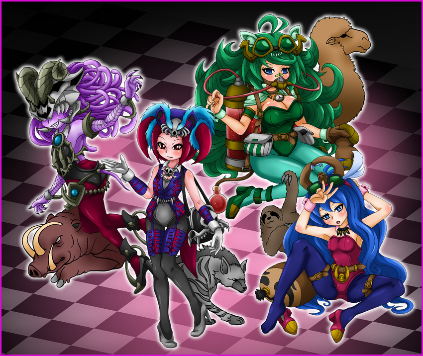 4girls :d :o aged_down alchemic_magician archfiend_empress archfiend_heiress bad_id bad_pixiv_id blue_eyes blue_hair boar camel colored_skin demon_girl duel_monster green_hair high_heels horns hyena leotard long_hair multiple_girls open_mouth pantyhose photoshop_(medium) playboy_bunny purple_skin red_eyes red_hair shoes single_shoe skull slacker_magician sloth_(animal) smile tail tensama_(ten2009) tour_guide_from_the_underworld very_long_hair wrist_cuffs yu-gi-oh!