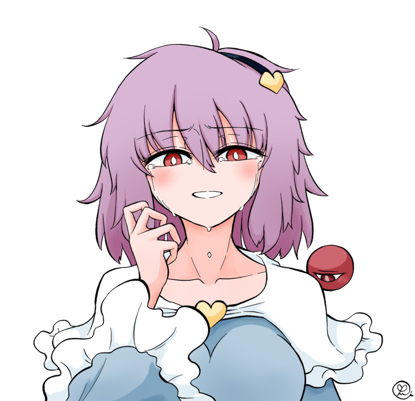 alternate_breast_size blouse blue_shirt blush breasts commentary_request eyeball female frilled_sleeves frills hair_between_eyes hairband heart highres komeiji_satori long_sleeves looking_at_viewer medium_breasts medium_hair purple_hair red_eyes scavia10 shirt simple_background solo tears third_eye touhou upper_body white_background wide_sleeves