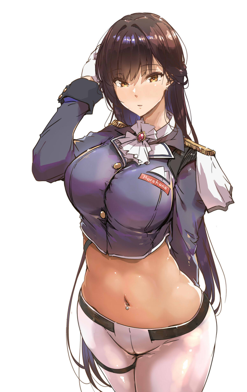 arm_behind_back arm_up ascot breasts brown_eyes brown_hair cowboy_shot crop_top cropped_jacket earrings epaulettes female from_above gloves goddess_of_victory:_nikke highres jacket jewelry large_breasts long_hair looking_at_viewer marciana_(nikke) midriff military_jacket military_uniform navel navel_piercing pants piercing solo stomach tight_clothes tight_pants tokiwa_midori_(kyokutou_funamushi) uniform very_long_hair white_ascot white_background white_gloves white_pants