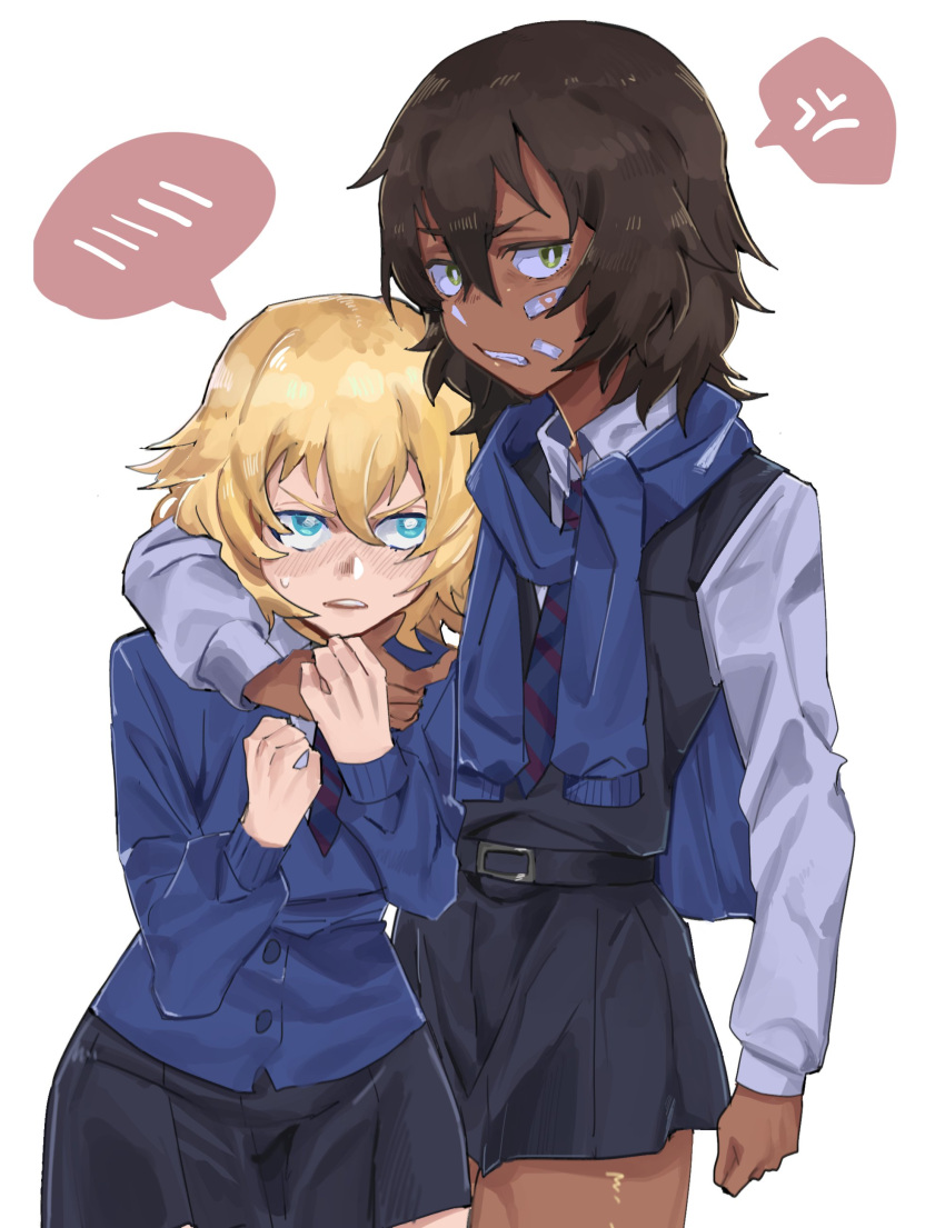 2girls absurdres andou_(girls_und_panzer) anger_vein arm_around_neck bandaid bandaid_on_face bc_freedom_school_uniform black_dress black_hair blonde_hair blue_cardigan blue_eyes blue_neckwear blush brown_eyes cardigan commentary dark-skinned_female dark_skin diagonal-striped_clothes diagonal-striped_necktie dress dress_shirt frown girls_und_panzer grimace highres long_sleeves looking_at_another looking_at_viewer medium_hair messy_hair multiple_girls necktie open_mouth oshida_(girls_und_panzer) pinafore_dress pleated_dress school_uniform shirt short_dress simple_background sleeveless sleeveless_dress spoken_anger_vein spoken_blush standing striped_clothes sweatdrop sweater_around_neck takao_(88499191) white_background white_shirt wing_collar