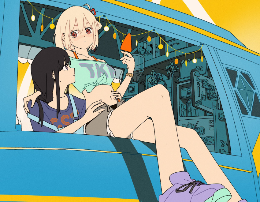 2girls bare_shoulders black_hair blonde_hair casual commentary crop_top food hair_ribbon hands_on_another's_waist highres inoue_takina long_hair lycoris_recoil midriff motor_vehicle multiple_girls nishikigi_chisato off-shoulder_shirt off_shoulder popsicle red_eyes refrigerator ribbon shirt shoes short_hair shorts sitting sneakers suspenders symbol-only_commentary van xuaniiu yuri