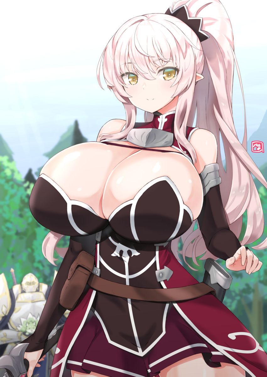 1boy 2022 ariane_glenys_maple bare_shoulders bea_(bropmlk) blonde_hair breasts cleavage closed_mouth day detached_sleeves female gaikotsu_kishi-sama_tadaima_isekai_e_o_dekake-chuu highres holding holding_sword holding_weapon huge_breasts long_hair long_sleeves looking_at_viewer outdoors pointy_ears ponytail sheath smile solo_focus standing sword thick_thighs thighs weapon yellow_eyes