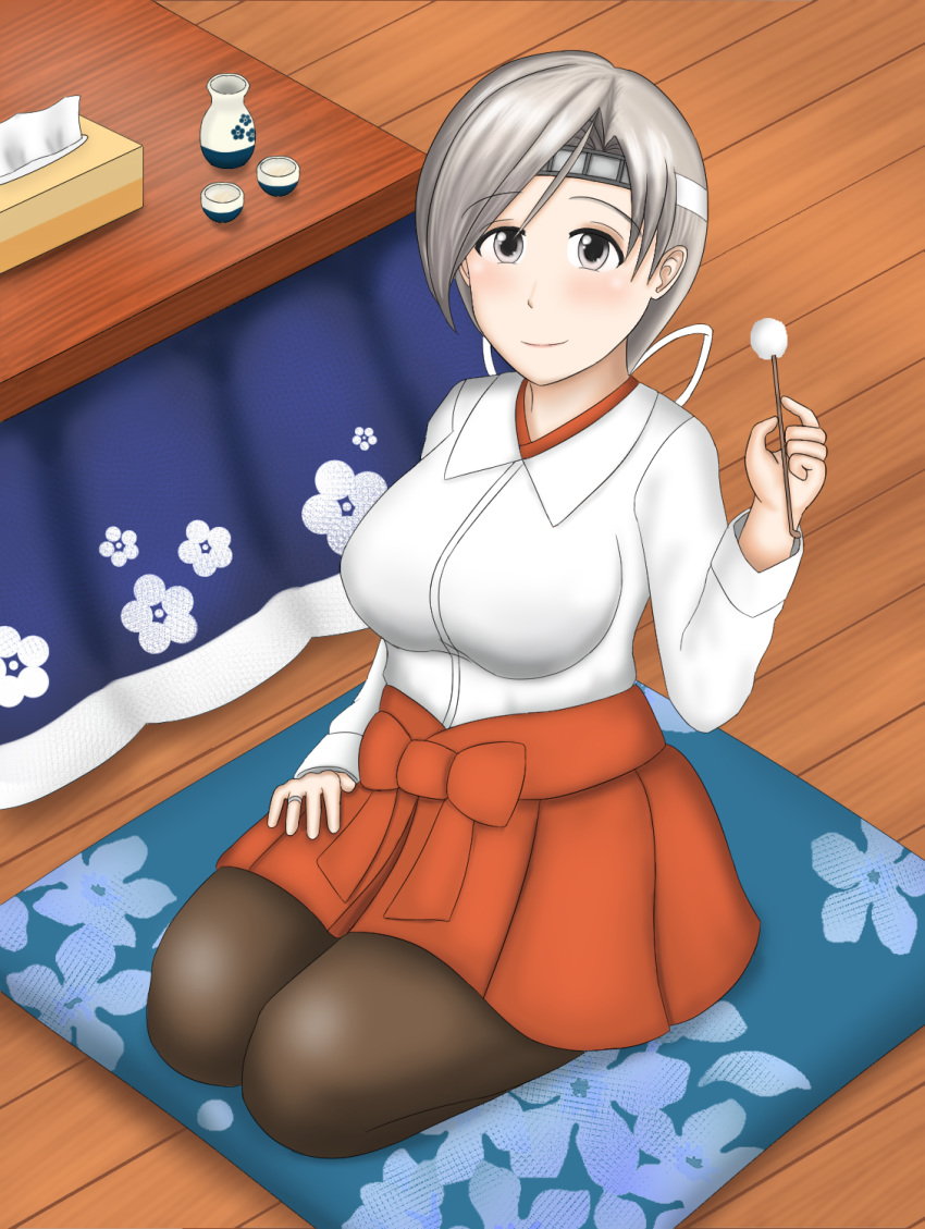 alcohol bad_id bad_pixiv_id blouse chibiosaka chitose_(kancolle) cushion female grey_eyes grey_hair hair_ribbon hakama hakama_short_skirt hakama_skirt headband highres japanese_clothes jewelry kantai_collection kotatsu looking_at_viewer mimikaki pantyhose ribbon ring sake shirt sitting skirt smile solo table tissue_box wariza wedding_ring white_shirt wooden_floor zabuton