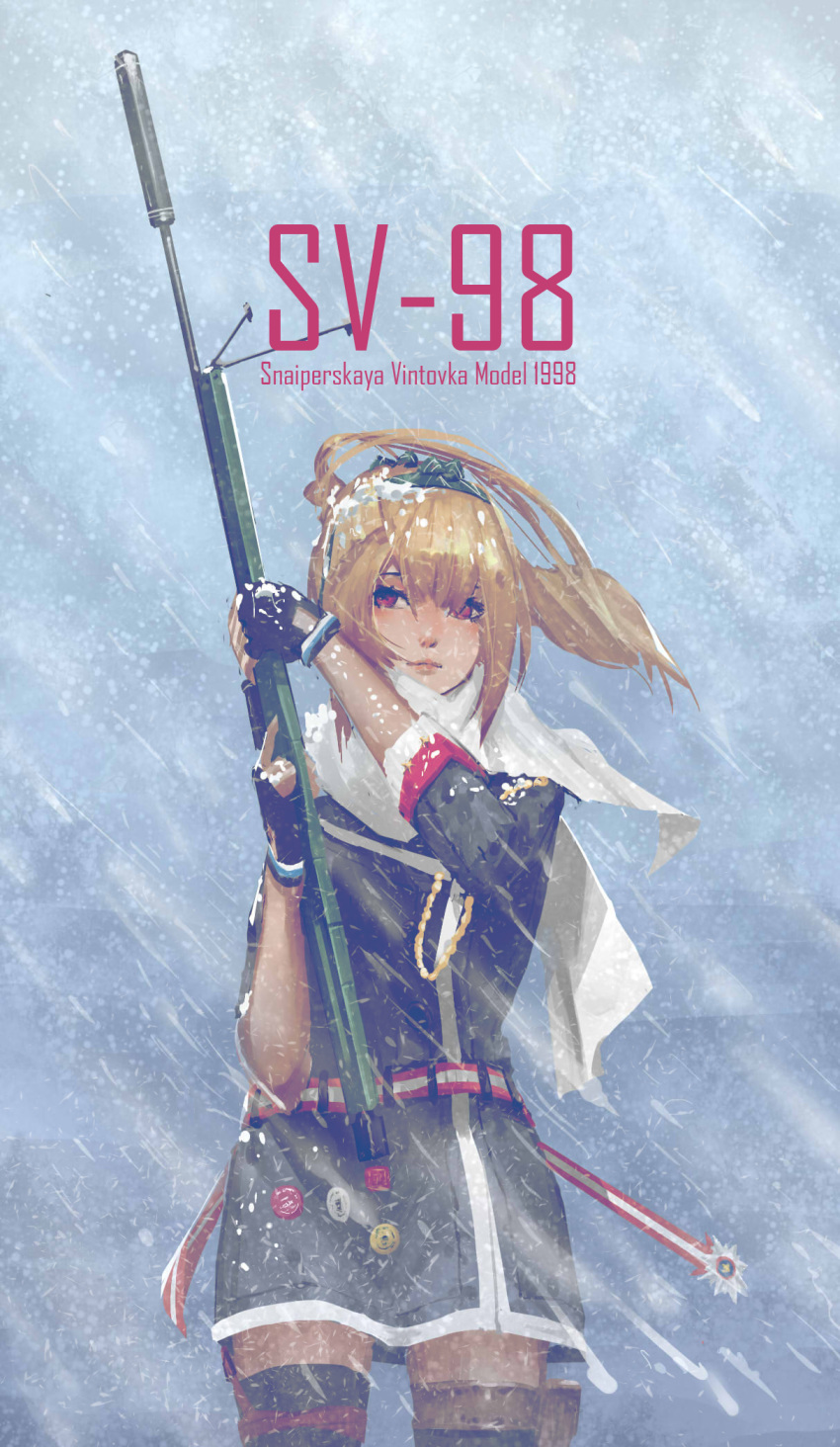 badge blonde_hair bolt_action female fingerless_gloves girls'_frontline gloves gun hair_ornament highres holding long_hair long_sleeves photoshop_(medium) ponytail red_eyes rifle ronnie_choy scarf sleeves_rolled_up sniper_rifle snow solo standing sv-98 sv-98_(girls'_frontline) thighhighs upper_body weapon