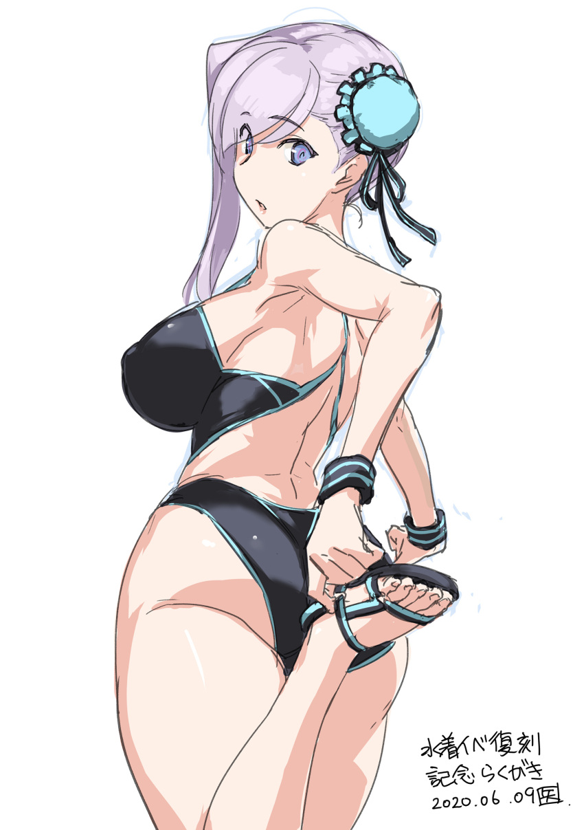 adjusting_footwear ass back bare_shoulders black_one-piece_swimsuit blue_eyes blue_one-piece_swimsuit blush breasts bun_cover dated fate/grand_order fate_(series) female hair_bun hair_ribbon highleg highleg_swimsuit highres large_breasts long_hair looking_at_viewer looking_back miyamoto_musashi_(fate) miyamoto_musashi_(swimsuit_berserker)_(fate) miyamoto_musashi_(swimsuit_berserker)_(first_ascension)_(fate) one-piece_swimsuit open_mouth pink_hair ponytail ribbon sandals single_hair_bun single_side_bun solo swept_bangs swimsuit thighs tooya_daisuke two-tone_swimsuit