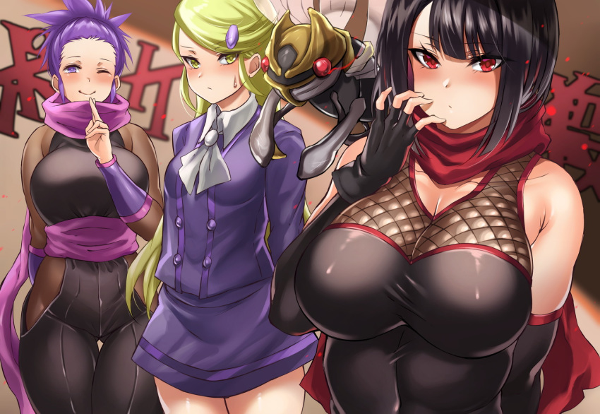 3girls ;) ace_trainer_(pokemon) bare_shoulders black_gloves blush bodysuit bodysuit_under_clothes breasts closed_mouth cowboy_shot fingerless_gloves gloves hair_ornament hikari_(komitiookami) impossible_clothes janine_(pokemon) large_breasts long_hair looking_at_viewer multiple_girls niconico ninja ninja_oki ninjask one_eye_closed pokemon pokemon_(creature) pokemon_hgss pokemon_xy sash scarf shirt short_hair skirt skirt_set smile taut_clothes taut_shirt