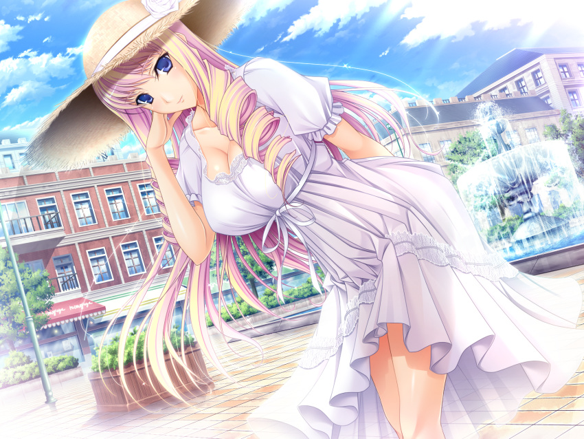 adjusting_hair arm_behind_back bertille_althusser blonde_hair blue_eyes breasts building bush checkered_floor city cleavage cloud day dress drill_hair female flower fountain from_side game_cg hat hat_flower highres komori_kei lace lace-trimmed_dress lace_trim lamppost large_breasts leaning_forward light_rays light_smile long_hair looking_at_viewer multicolored_hair outdoors pink_hair railing ribbon rose see-through_silhouette short_sleeves sidelocks sky smile solo standing straw_hat sunbeam sundress sunlight tile_floor tiles tree twin_drills two-tone_hair very_long_hair walkure_romanze water white_dress white_flower white_rose