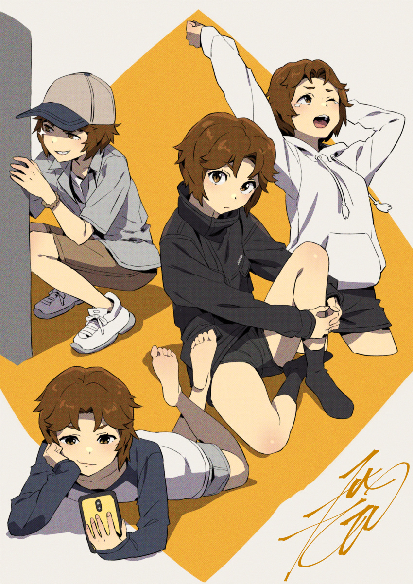 barefoot baseball_cap black_jacket black_shorts black_socks brown_eyes brown_hair brown_shorts collage crossed_ankles female grey_shirt grin hat highres hood hoodie jacket kobayashi_gen looking_at_phone looking_at_viewer lying on_stomach one_eye_closed open_mouth phone school_girl_strikers scrunchie shirt shoes short_hair short_shorts shorts signature simple_background sitting smile sneakers socks squatting t-shirt takamine_ako tomboy white_hoodie wrist_scrunchie yawning