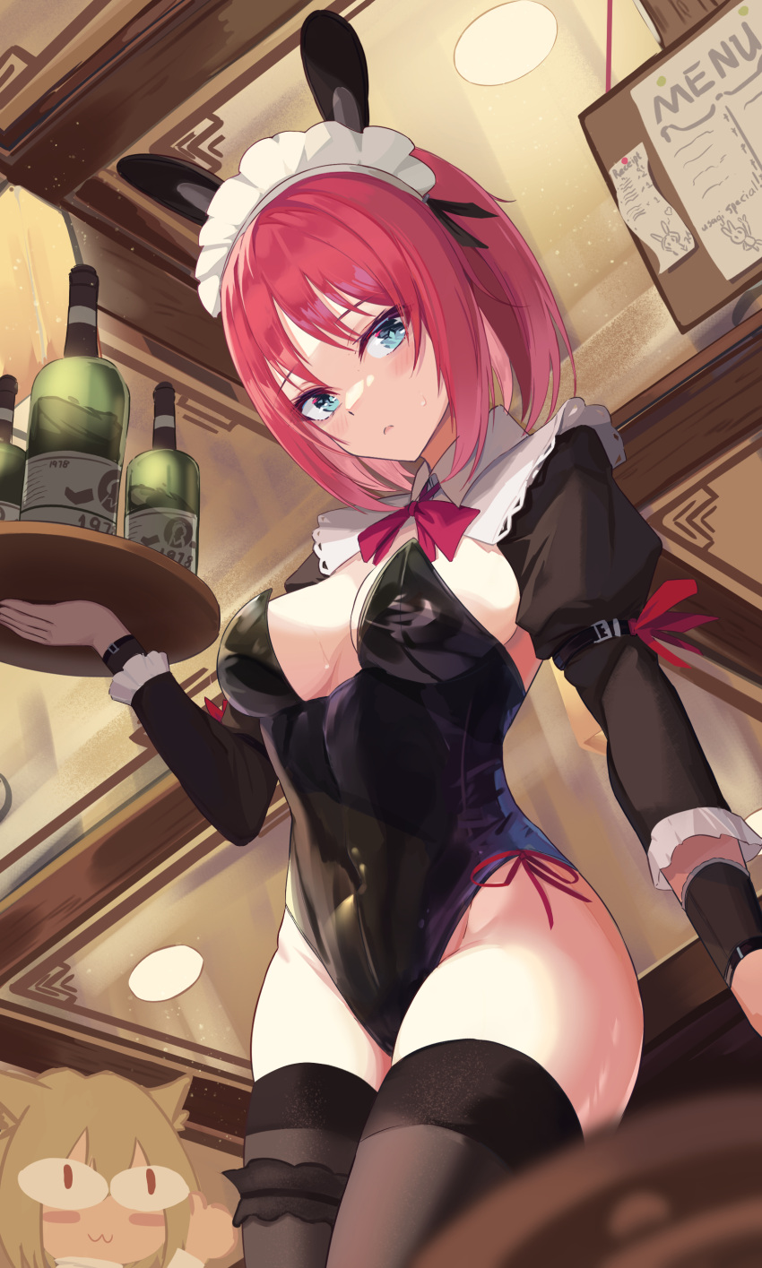 2girls :3 :o absurdres alcohol alternate_costume animal_ears belt black_belt black_leotard black_sleeves black_thighhighs blonde_hair blue_eyes blush blush_stickers bow bowtie breasts cat_ears cleavage commentary_request detached_collar fake_animal_ears highres hisui_(tsukihime) holding holding_plate indoors kitabana leotard long_sleeves looking_at_viewer maid maid_headdress md5_mismatch medium_breasts multiple_girls necktie neco-arc plate playboy_bunny rabbit_ears red_bow red_eyes red_hair red_necktie red_ribbon ribbon short_hair shrug_(clothing) strapless strapless_leotard sweatdrop thighhighs tsukihime zettai_ryouiki