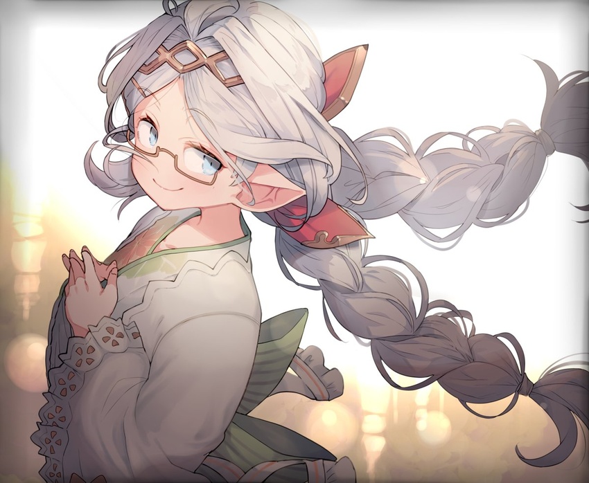 blue_eyes braid collarbone female fingers_together glasses granblue_fantasy hair_ribbon hairband harvin japanese_clothes kimono long_hair long_sleeves looking_at_viewer looking_to_the_side own_hands_together pointy_ears ribbon semi-rimless_eyewear shimazaki1152 smile solo twin_braids under-rim_eyewear white_hair yukata zahlhamelina