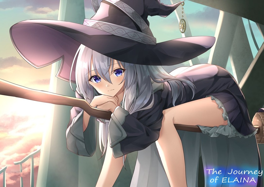 black_hat blue_eyes closed_mouth commentary elaina_(majo_no_tabitabi) female folded grey_hair hair_between_eyes hat head_on_hand kanaria_hisagi long_hair long_sleeves looking_at_viewer majo_no_tabitabi smile solo thighs witch_hat