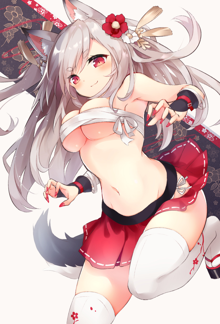 :3 absurdres animal_ear_fluff animal_ears armpits azur_lane bare_shoulders blush breasts bridal_gauntlets budget_sarashi bursting_breasts chest_sarashi cleavage closed_mouth clothing_cutout commentary_request diieru dog_ears dog_girl dog_tail female fingernails floating_hair floral_background floral_print flower from_side grey_hair groin hair_between_eyes hair_flower hair_ornament highres hip_vent large_breasts leg_up long_fingernails long_hair miniskirt nail_art nail_polish official_alternate_costume oppai_loli panties peeping platform_footwear print_thighhighs red_eyes red_flower red_nails ribbon-trimmed_skirt ribbon_trim sandals sarashi short_eyebrows side-tie side-tie_panties skirt slit_pupils smile socks solo standing standing_on_one_leg stomach swept_bangs tabi tail tassel tassel_hair_ornament thick_eyebrows thigh_strap thighhighs thighs underboob underwear white_background white_flower white_panties white_socks white_thighhighs yuudachi_(azur_lane) yuudachi_(shogun_of_snowballs)_(azur_lane) zettai_ryouiki