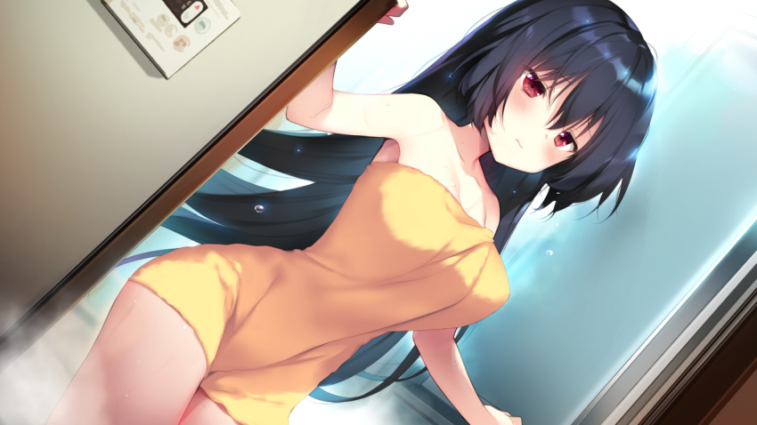 black_hair breasts butterfly_seeker game_cg hatori_piyoko himuro_chitose long_hair red_eyes silkys_plus towel