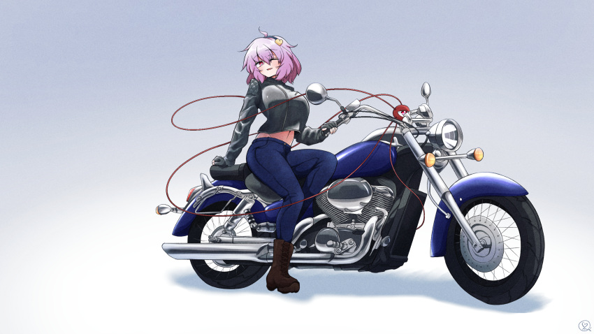 ahoge black_gloves black_hairband blush boots breasts brown_footwear commentary_request commission cropped_jacket cross-laced_footwear denim engine exhaust_pipe female fingerless_gloves full_body gloves hair_ornament hairband heart heart_hair_ornament highres holding jacket jeans komeiji_satori lace-up_boots leather leather_jacket leg_up long_sleeves looking_at_viewer medium_breasts messy_hair midriff motor_vehicle motorcycle navel one_eye_closed open_mouth pants purple_hair red_eyes scavia10 shadow signature simple_background sitting sitting_on_object skeb_commission solo stomach third_eye touhou vehicle_focus white_background