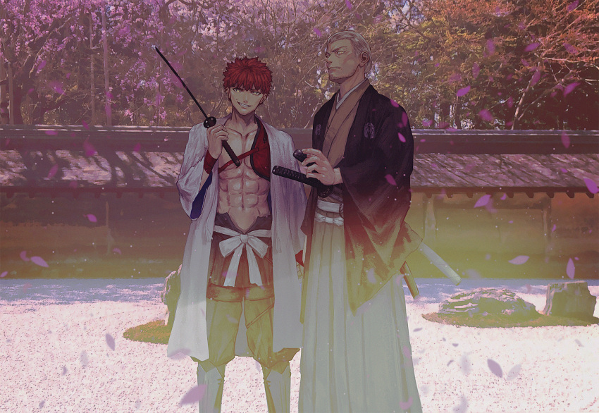 2boys abs armor belt black_pants brown_kimono closed_mouth collarbone emiya_shirou facial_hair fate/grand_order fate_(series) feet_out_of_frame grin hakama hakama_pants hakama_skirt haori highres holding holding_sword holding_weapon igote japanese_armor japanese_clothes katana kimono long_sleeves looking_at_viewer male_focus multiple_boys old old_man outdoors over_shoulder pants pectorals photo_background red_hair senji_muramasa_(fate) sheath sheathed short_hair skirt smile standing stubble suneate sword tree weapon white_belt white_hair wide_sleeves yagyuu_munenori_(fate) yellow_eyes yorunue_ro