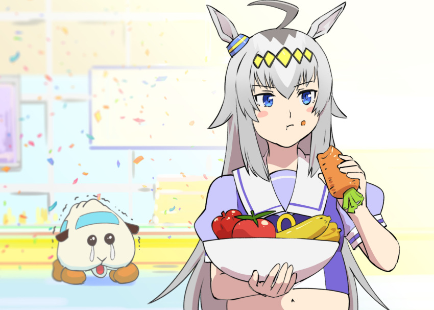 abbey_(pui_pui_molcar) ahoge animal_ears banana big_belly blue_eyes bow bowtie carrot commentary crossover eating female food fruit grey_hair guinea_pig highres horse_ears horse_girl horseshoe_ornament long_hair molcar multicolored_hair navel oguri_cap_(umamusume) puffy_short_sleeves puffy_sleeves pui_pui_molcar purple_shirt sailor_collar sailor_shirt school_uniform season_connection shirt short_sleeves sideways_glance summer_uniform tears tomato tracen_school_uniform trembling ueyama_michirou umamusume upper_body