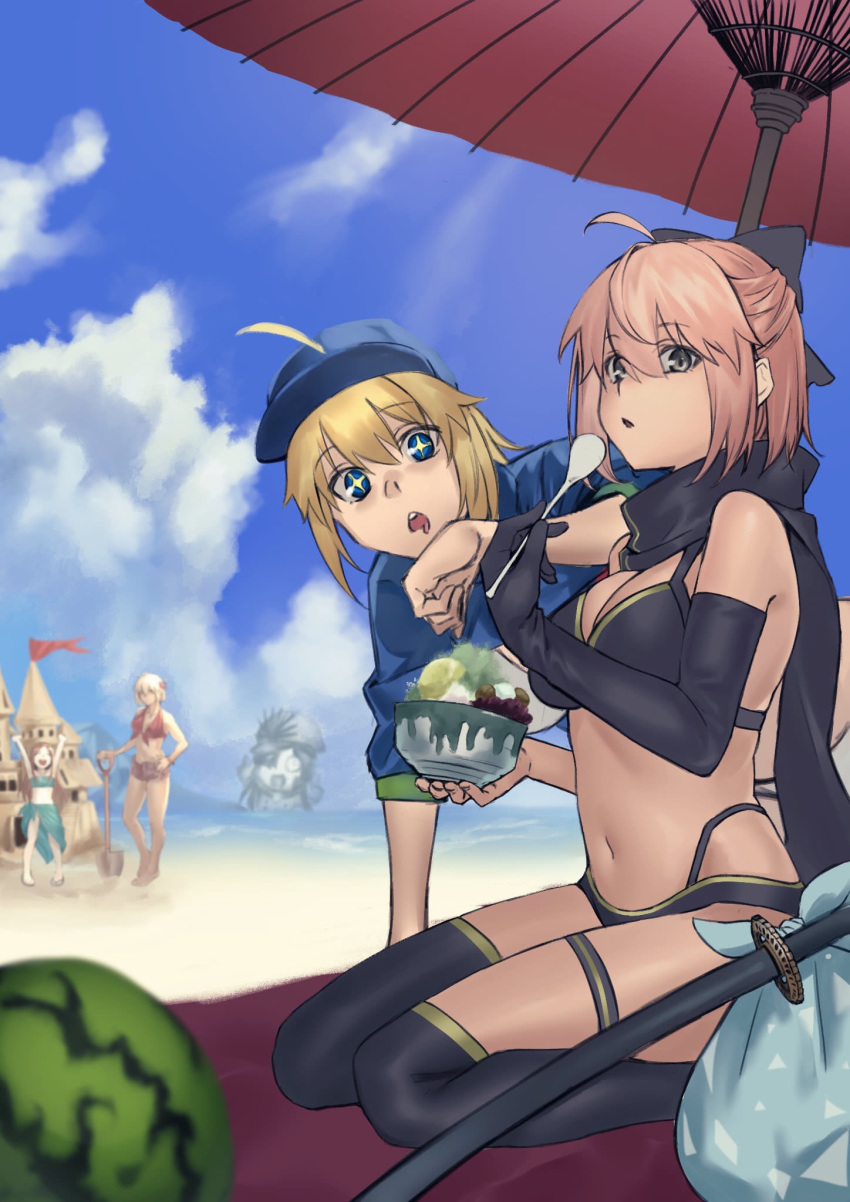 5girls ahoge artoria_pendragon_(fate) asymmetrical_gloves baseball_cap beach beach_umbrella bikini black_bikini black_bow black_gloves black_scarf black_thighhighs blonde_hair blue_eyes blue_headwear blue_jacket blue_sky bow bowl breasts chacha_(fate) chibi cropped_jacket day drooling eating elbow_gloves fate/grand_order fate_(series) food fruit gloves grey_eyes hair_between_eyes hair_through_headwear hairbow hat highleg highleg_bikini highres hiro_(hirohiro_gorira) jacket katana koha-ace layered_bikini long_hair looking_at_viewer multiple_girls mysterious_heroine_xx_(fate) navel ocean oda_nobunaga_(fate) oda_nobunaga_(koha-ace) okita_j._souji_(fate) okita_j._souji_(first_ascension)_(fate) okita_souji_(fate) okita_souji_alter_(fate) open_mouth outdoors ponytail sand_castle sand_sculpture scarf short_hair shovel shrug_(clothing) sitting sky sparkling_eyes spoon swimsuit sword thigh_strap thighhighs thighs twinmyniad_(fate) umbrella uneven_gloves wariza watermelon weapon white_bikini