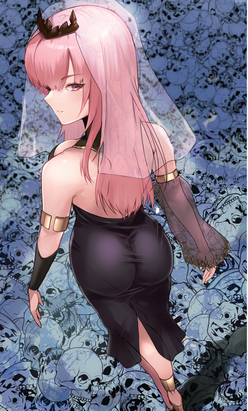 absurdres armlet ass backless_dress backless_outfit bare_shoulders black_dress breasts closed_mouth detached_sleeves dress female foreshortening from_behind highres hololive hololive_english large_breasts long_hair looking_at_viewer mori_calliope mori_calliope_(1st_costume) pantylines perspective pink_eyes pink_hair see-through see-through_sleeves shadow sideways_mouth single_detached_sleeve skull smile solo standing tiara tight_clothes tight_dress tomo0843 turning_head veil virtual_youtuber